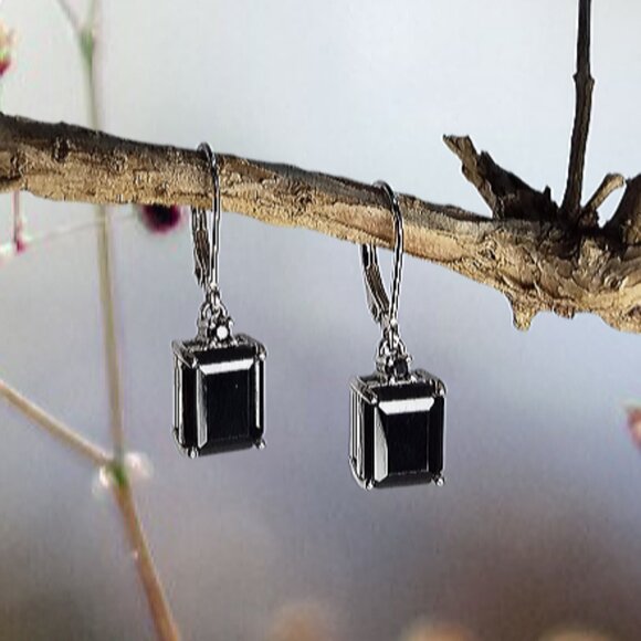 BBJ 925 Sterling Silver Dangle Earrings Black Onyx Emerald Cut Lever Backs - Picture 8 of 11
